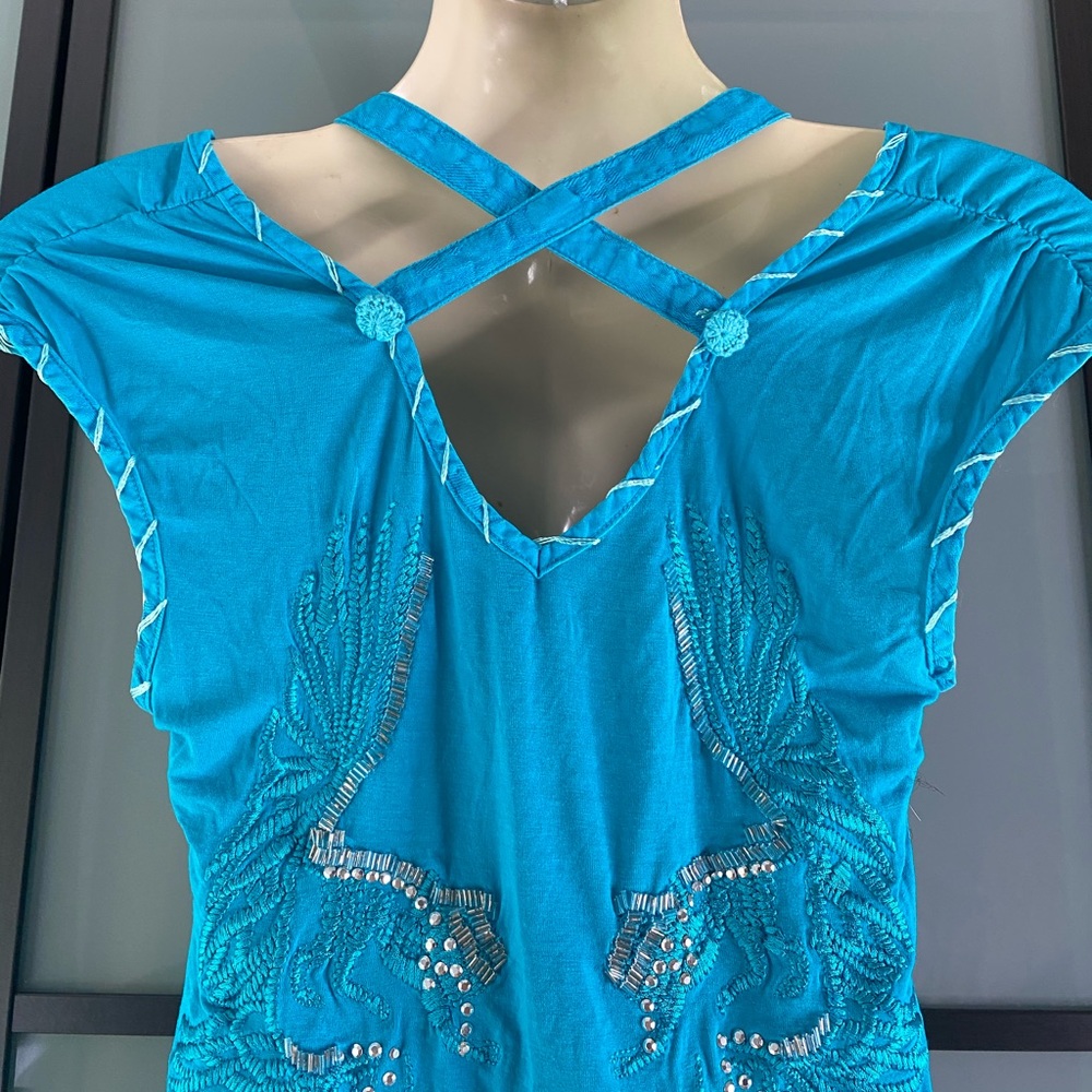Parasuco turquoise v-neck top t-shirt with design - Picture 5 of 8